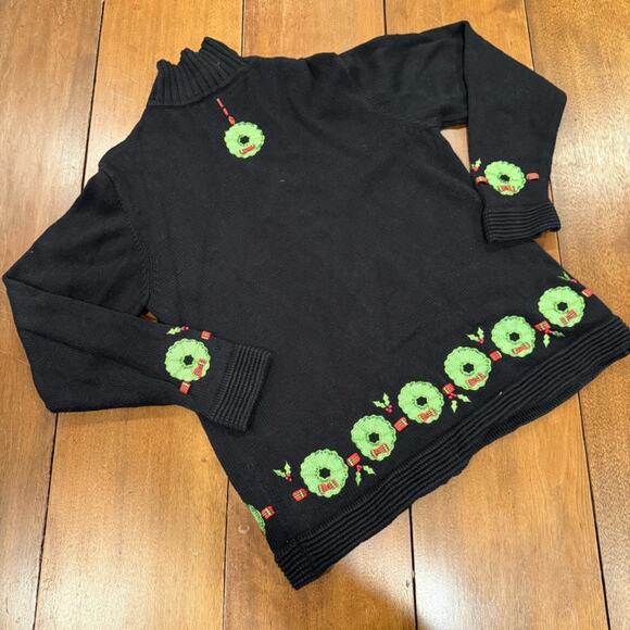 Vintage Christmas Wreath Zip Sweater Plaid Ribbon Applique Beaded Sz Lrg Black - Picture 5 of 12